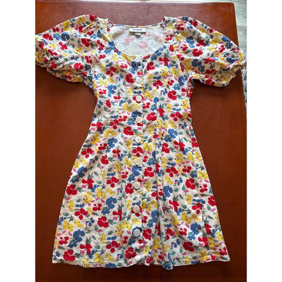 Rixo Floral Puff Sleeve Mini Dress Linen Blend Button Down Size 0 - Picture 7 of 8